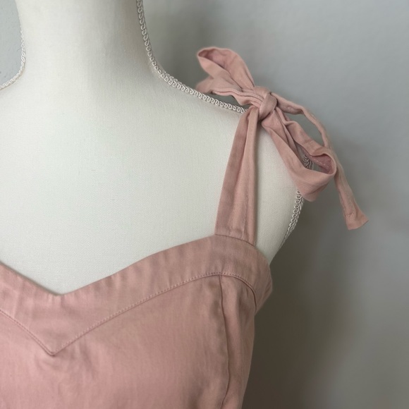 Cotton Dusty Powder Pastel Pink Ruffle Bow Tie Strap Summer Ballerina Midi Dress - Picture 3 of 10